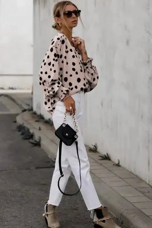 Pink Button Frill Cuffs Oversize Puff Sleeve Blouse - Fashionfitz