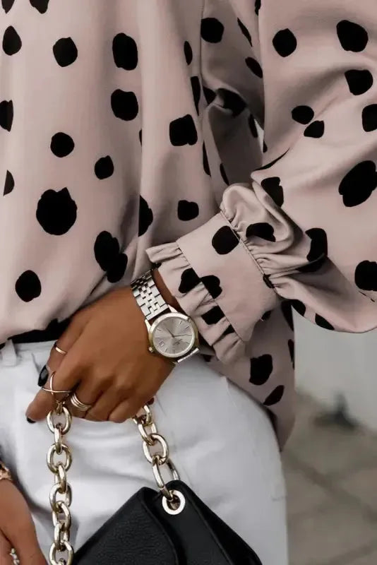 Pink Button Frill Cuffs Oversize Puff Sleeve Blouse - Fashionfitz