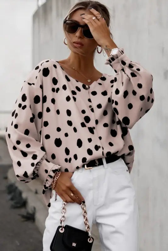 Pink button frill cuffs oversize puff sleeve blouse - tops