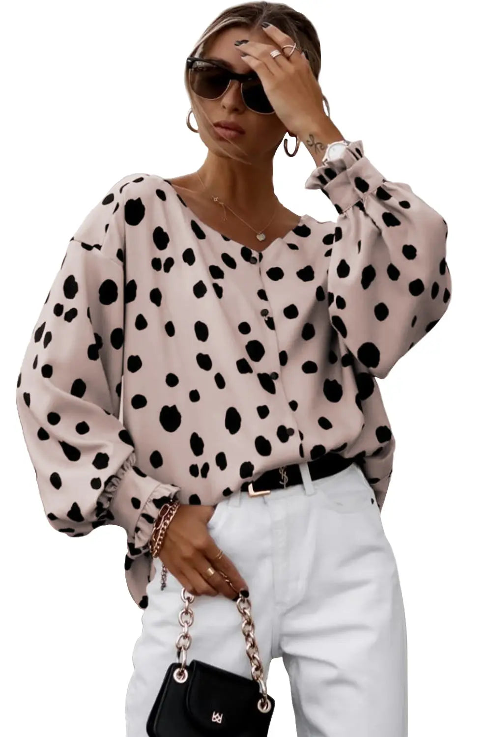 Pink button frill cuffs oversize puff sleeve blouse - tops