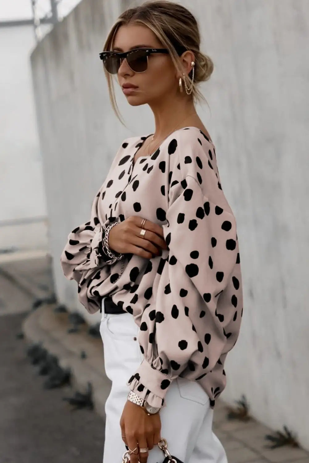 Pink button frill cuffs oversize puff sleeve blouse - tops