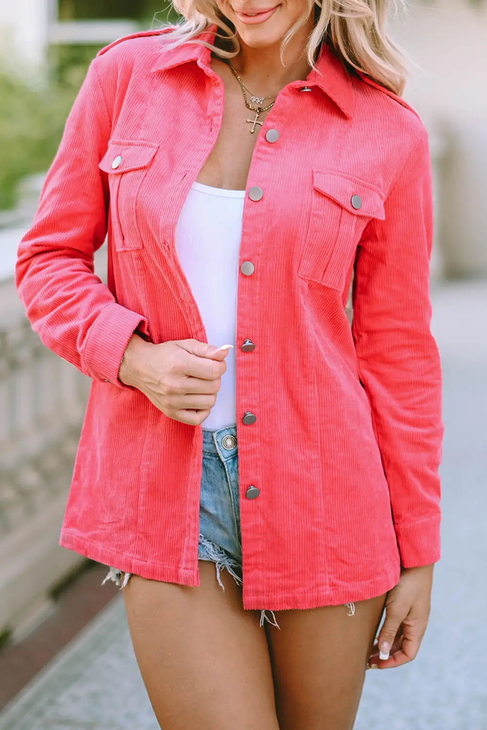 Pink buttoned flap pocket corduroy jacket - jackets
