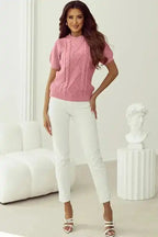 Pink Cable Knit Short Sleeve Sweater - Fashionfitz