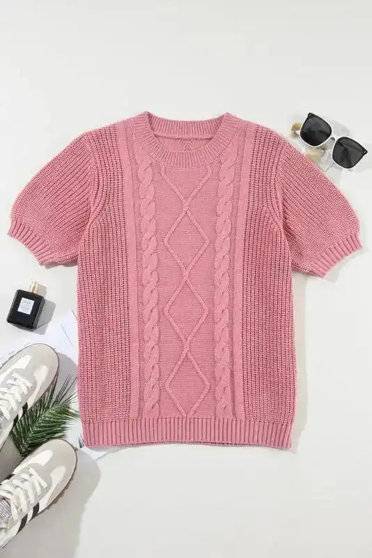 Pink Cable Knit Short Sleeve Sweater - Fashionfitz