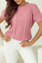 Pink Cable Knit Short Sleeve Sweater - Fashionfitz