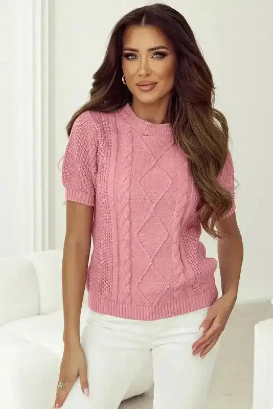 Pink Cable Knit Short Sleeve Sweater - Fashionfitz