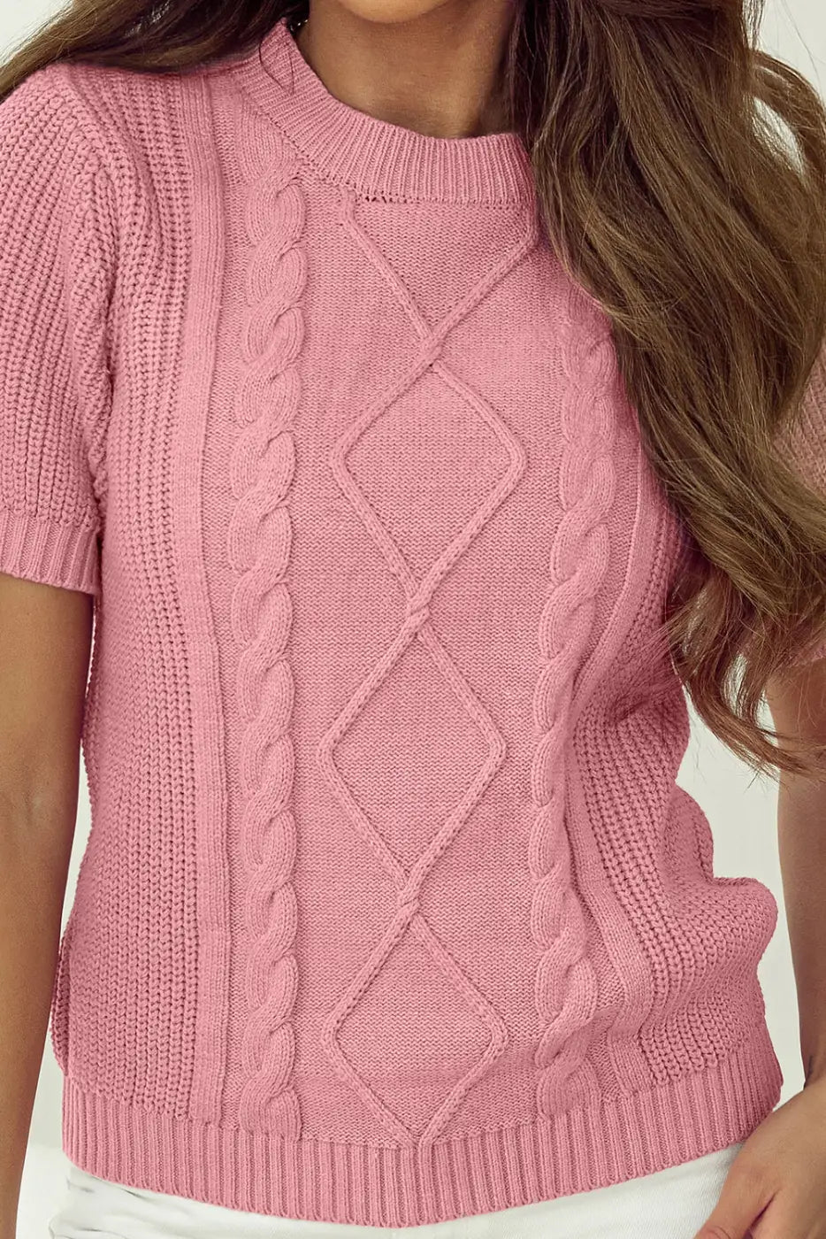 Pink cable knit short sleeve sweater | fashionfitz