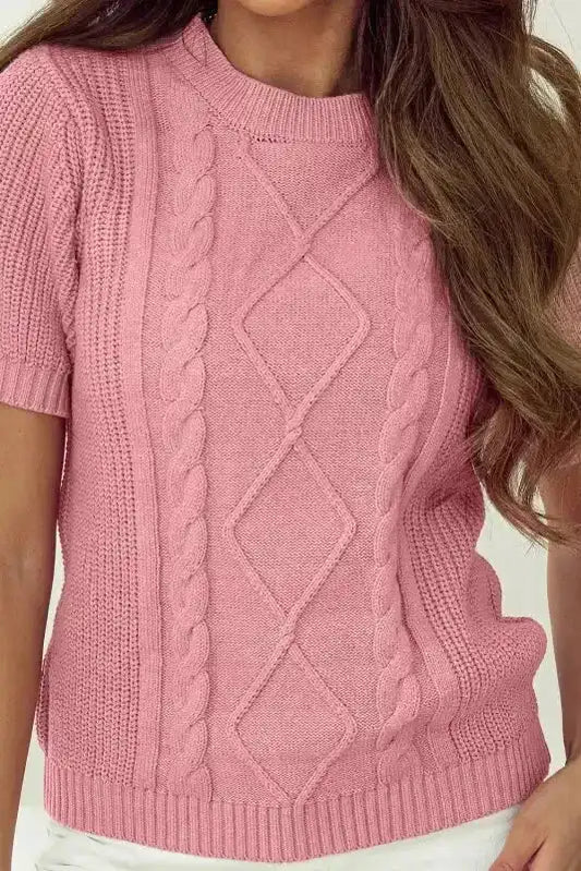 Pink Cable Knit Short Sleeve Sweater - Fashionfitz