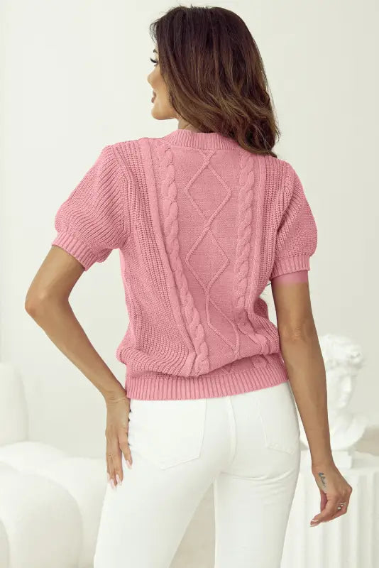 Pink cable knit short sleeve sweater | fashionfitz