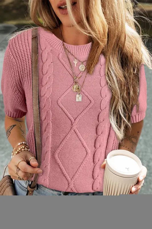 Pink cable knit short sleeve sweater | fashionfitz