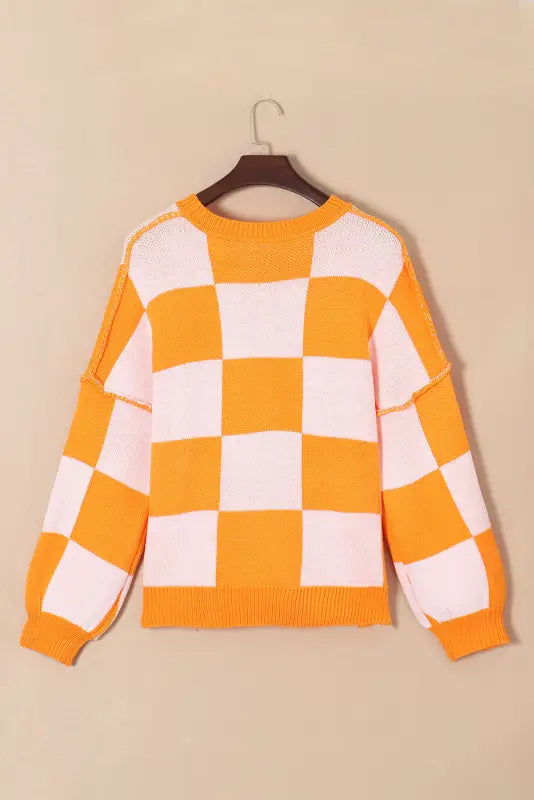 Pink checkered bishop sleeve sweater | fashionfitz