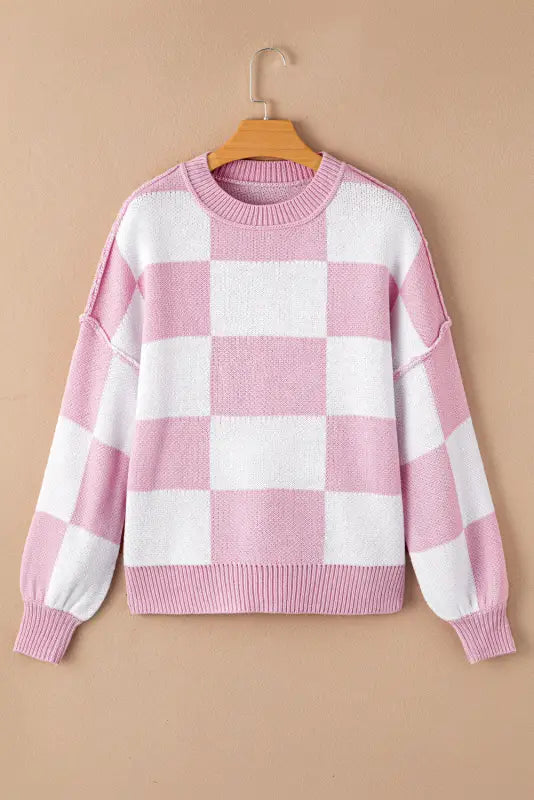 Pink checkered bishop sleeve sweater | fashionfitz