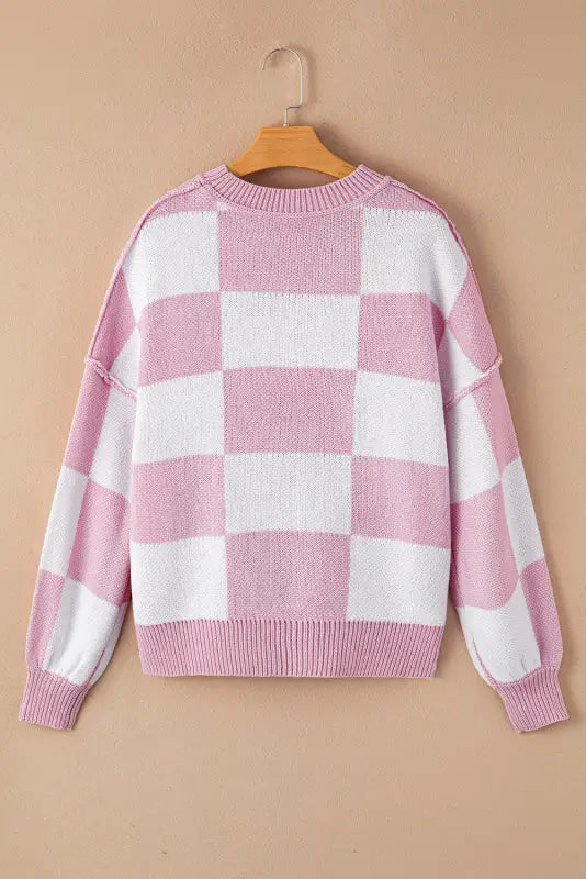 Pink checkered bishop sleeve sweater | fashionfitz