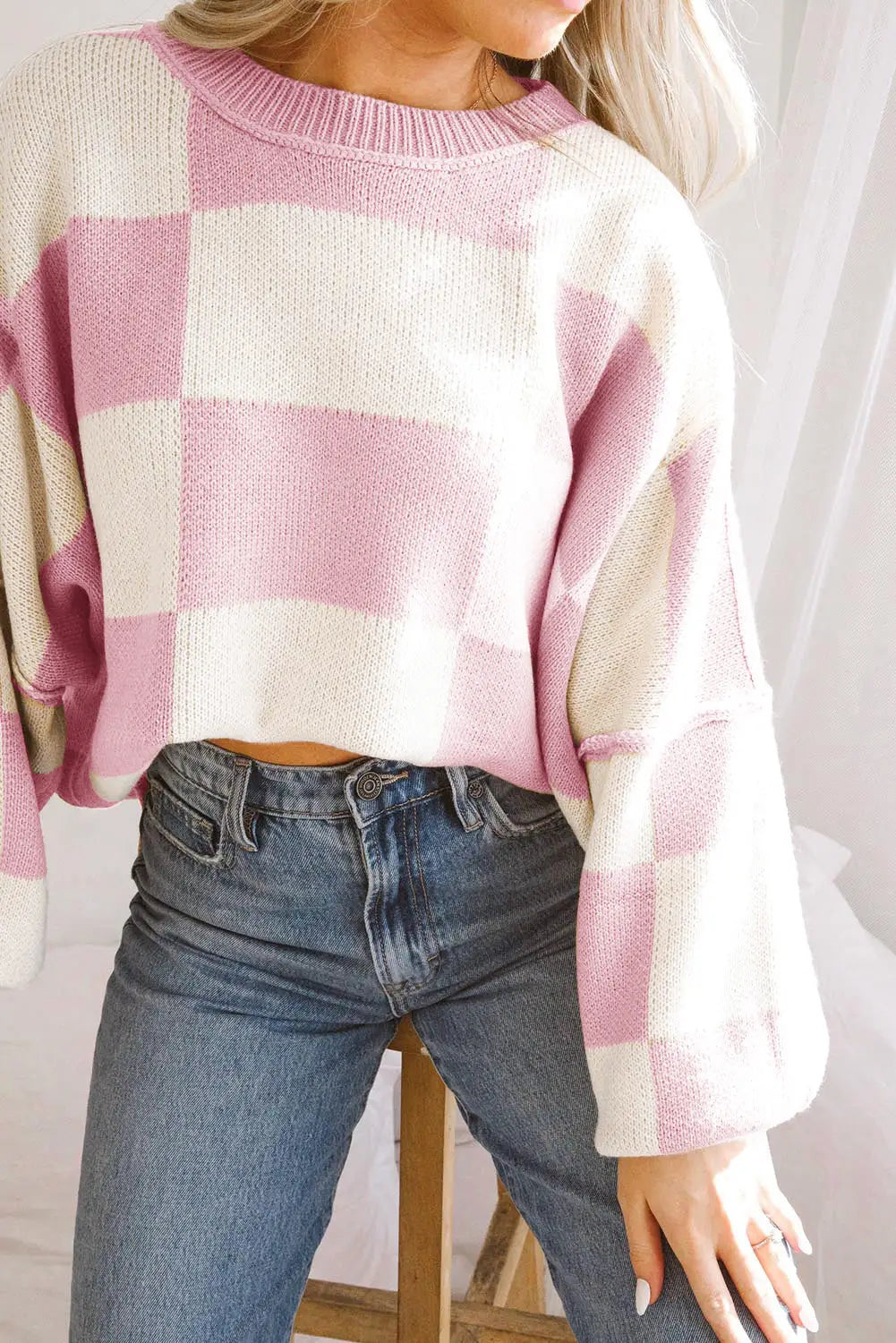Pink checkered bishop sleeve sweater - sweaters & cardigans
