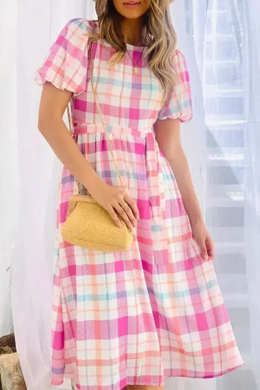 Pink Checkered Midi Dress - Puff Sleeve Belted - Fashionfitz