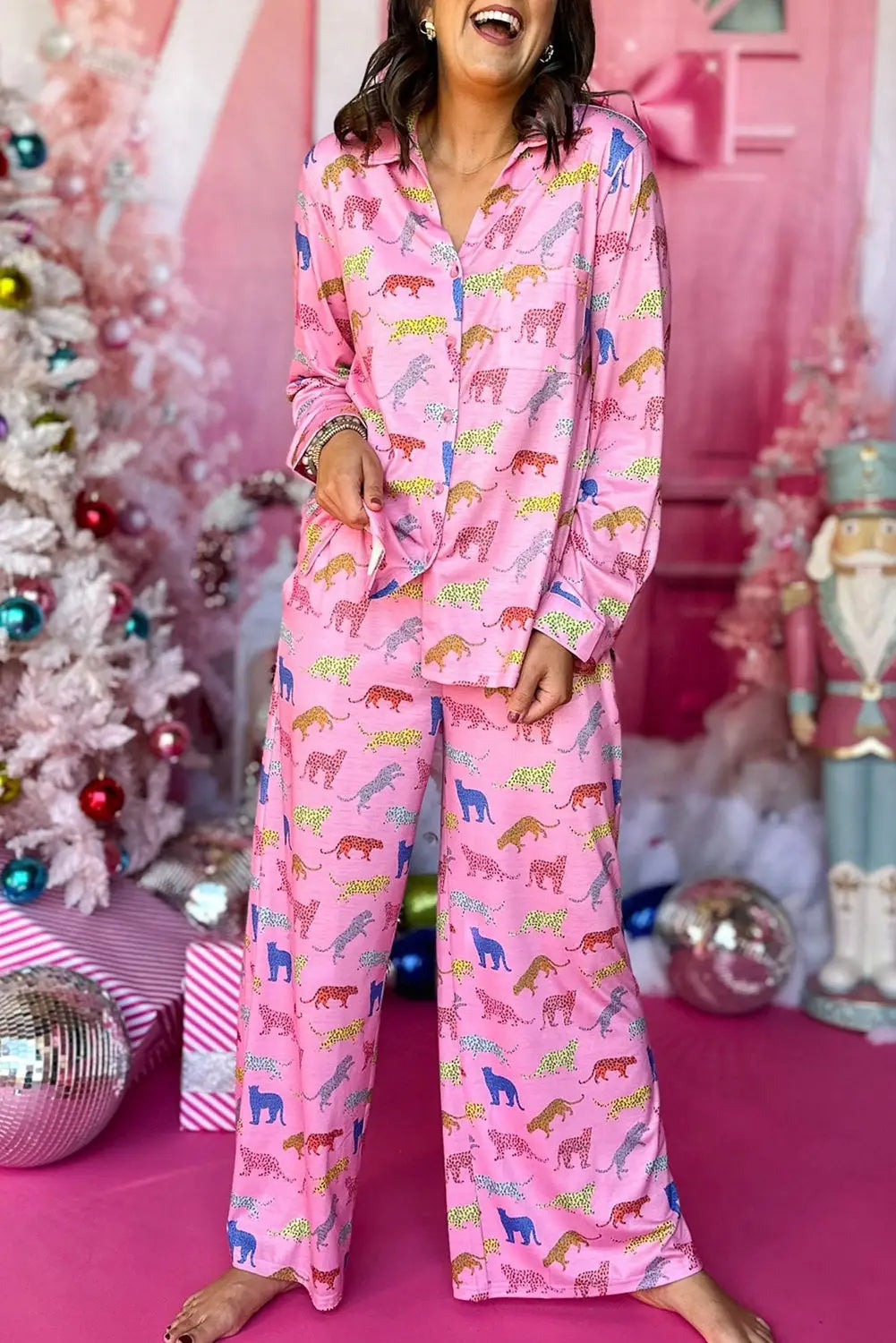 Pink cheetah print shirt and pants pajama set - l