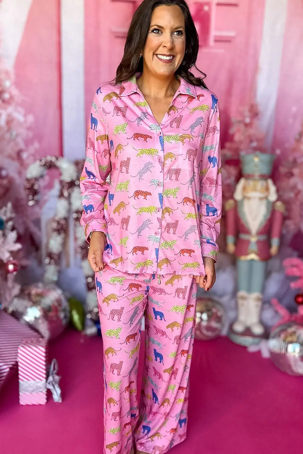 Pink cheetah print shirt and pants pajama set - loungewear