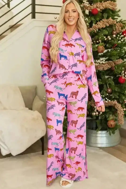 Pink Cheetah Print Shirt and Pants Pajama Set - Fashionfitz