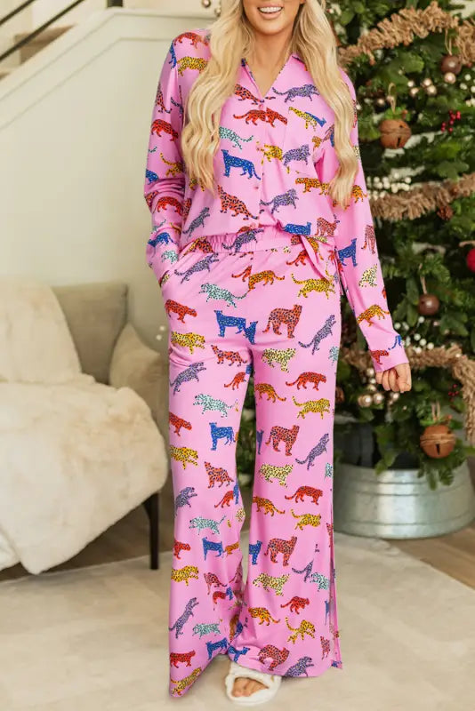 Pink cheetah print shirt and pants pajama set - loungewear