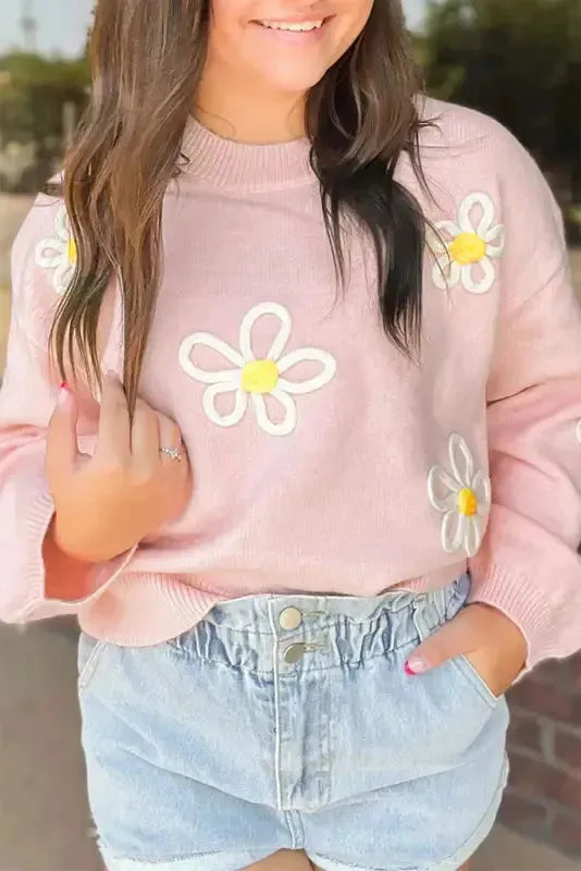 Pink Chenille Daisy Stitching Crew Neck Sweater - Fashionfitz