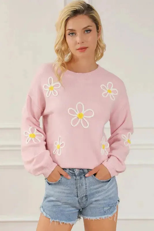 Pink Chenille Daisy Stitching Crew Neck Sweater - Fashionfitz