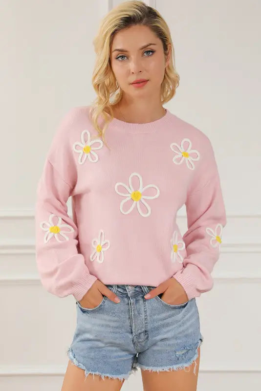 Pink chenille daisy stitching crew neck sweater - sweaters & cardigans