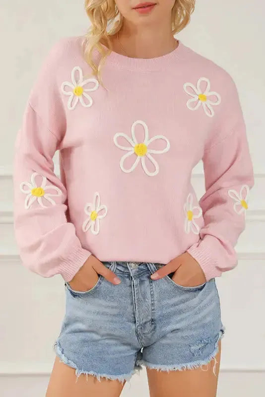 Pink Chenille Daisy Stitching Crew Neck Sweater - Fashionfitz