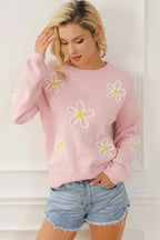 Pink Chenille Daisy Stitching Crew Neck Sweater - Fashionfitz