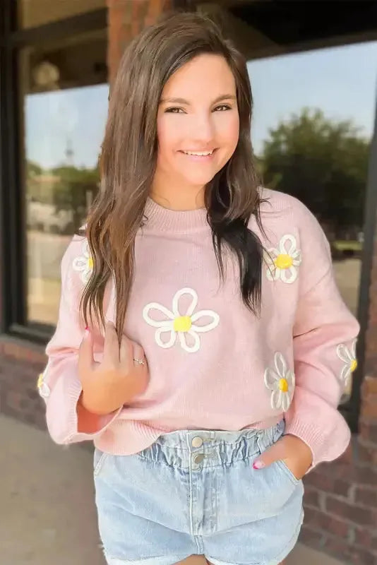 Pink Chenille Daisy Stitching Crew Neck Sweater - Fashionfitz