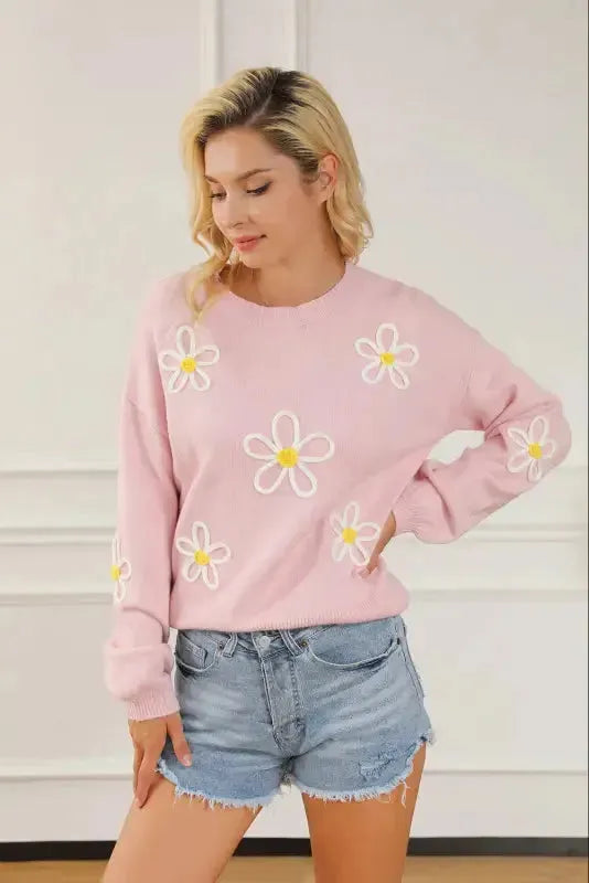Pink Chenille Daisy Stitching Crew Neck Sweater - Fashionfitz