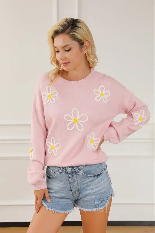 Pink chenille daisy stitching crew neck sweater - sweaters & cardigans