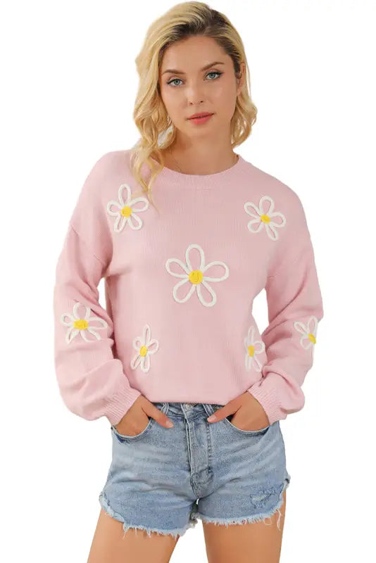 Pink chenille daisy stitching crew neck sweater - sweaters & cardigans