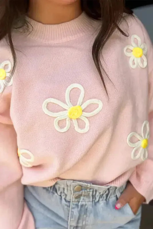 Pink Chenille Daisy Stitching Crew Neck Sweater - Fashionfitz