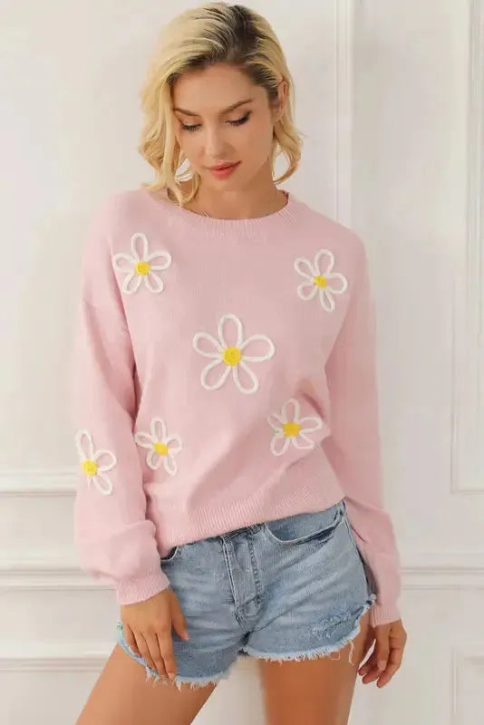 Pink Chenille Daisy Stitching Crew Neck Sweater - Fashionfitz