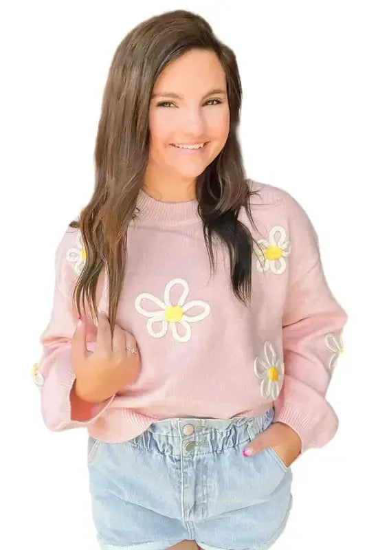 Pink Chenille Daisy Stitching Crew Neck Sweater - Fashionfitz