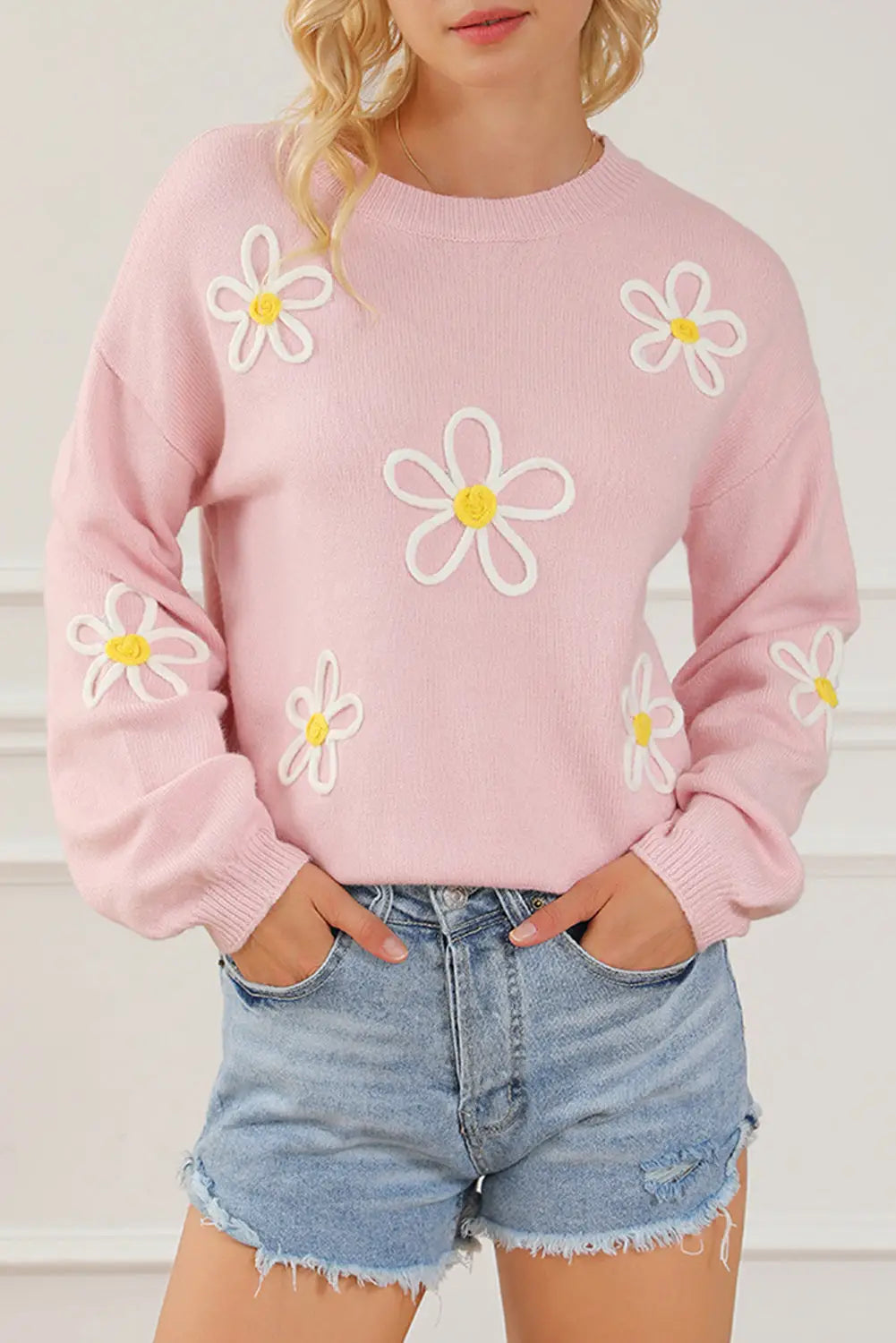 Pink chenille daisy stitching crew neck sweater - l / 50% viscose + 28% polyester + 22% polyamide - sweaters & cardigans