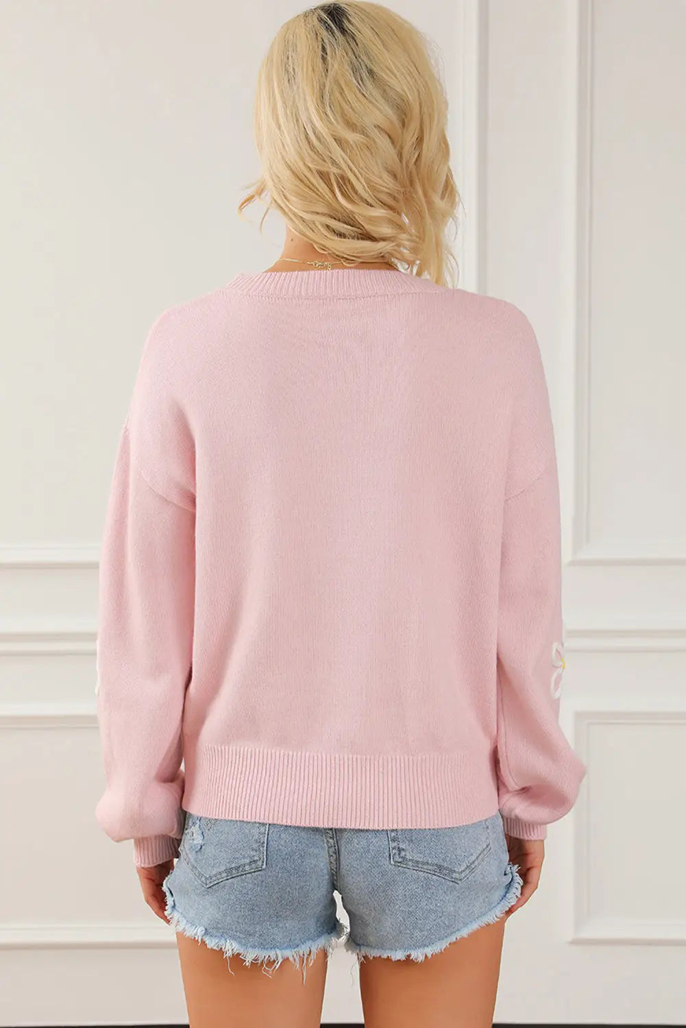 Pink chenille daisy stitching crew neck sweater - sweaters & cardigans