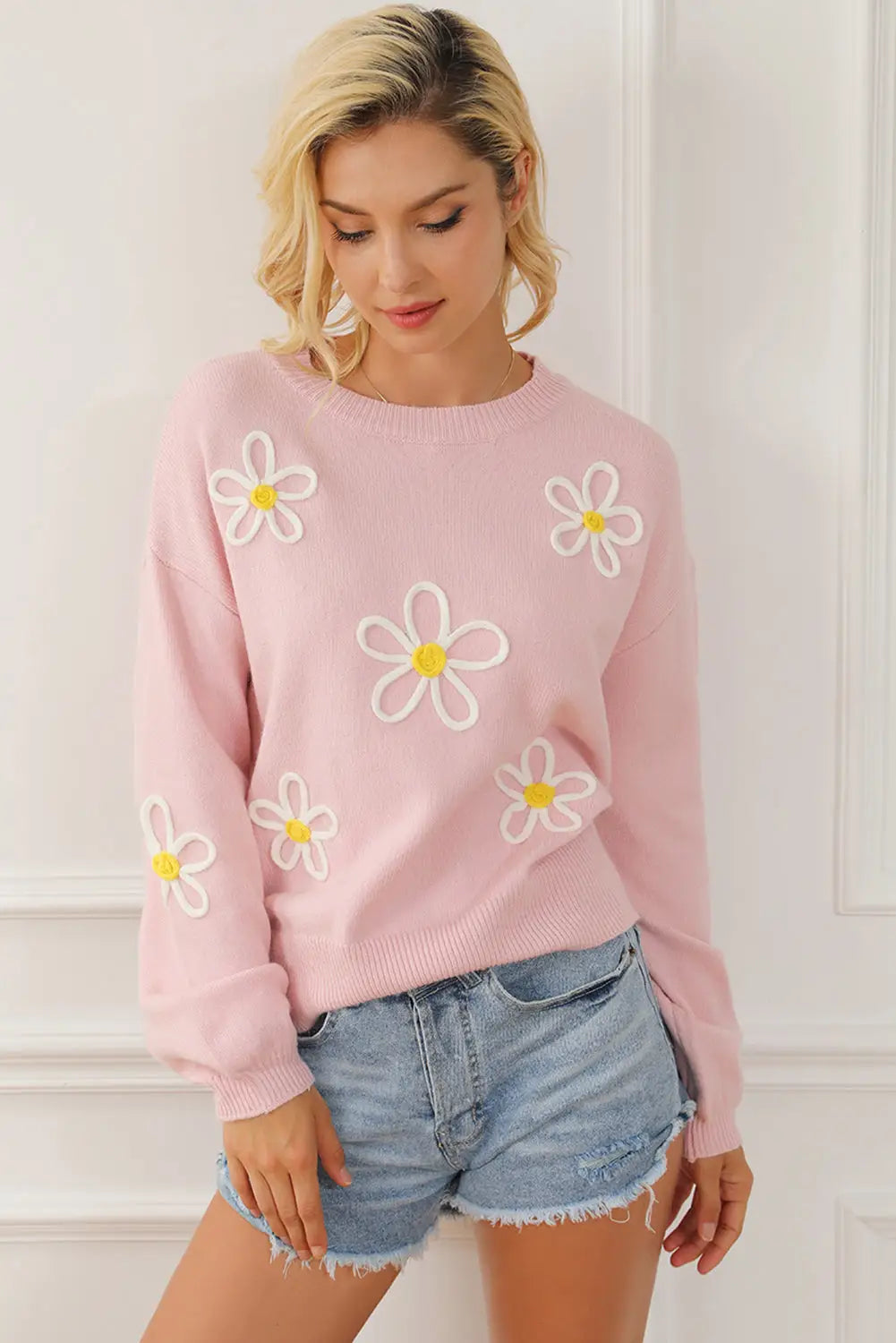 Pink chenille daisy stitching crew neck sweater - sweaters & cardigans