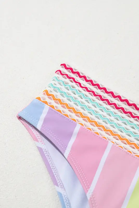 Pink chevron hollowed trim 2pcs rainbow stripe bikini