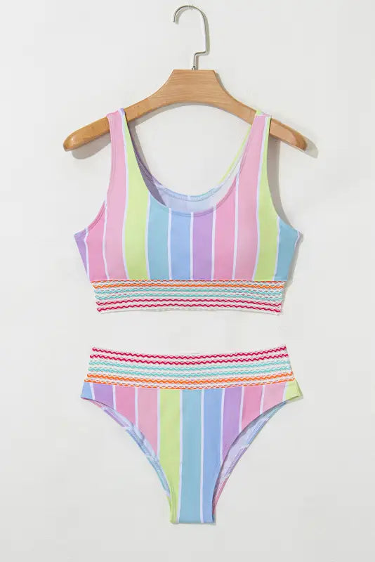 Pink chevron hollowed trim 2pcs rainbow stripe bikini