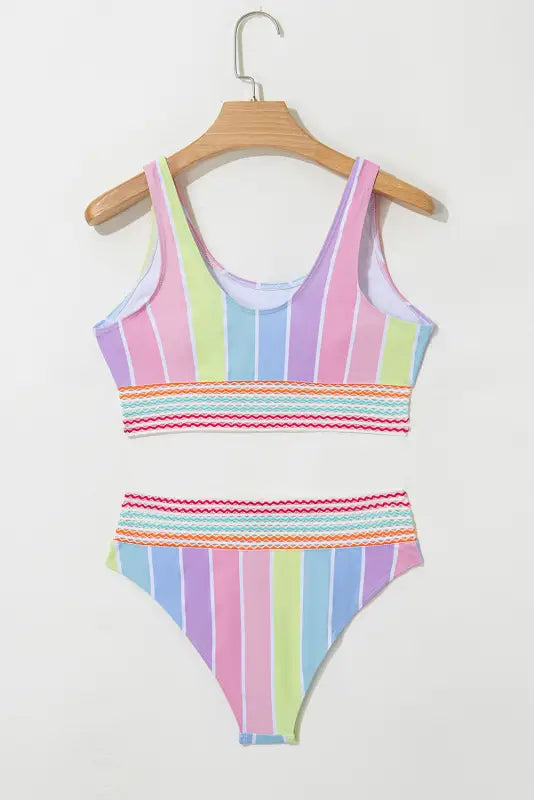 Pink chevron hollowed trim 2pcs rainbow stripe bikini