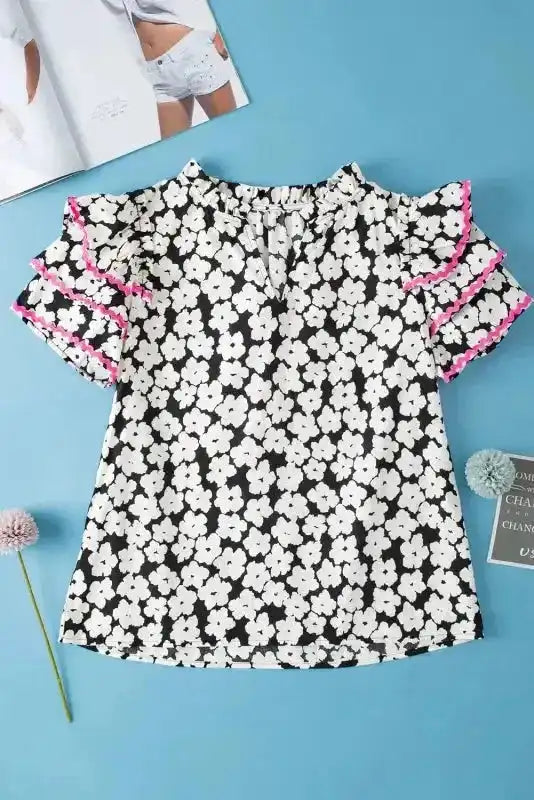 Pink Chic Blouse - Floral Layered Ruffle Sleeve - Fashionfitz