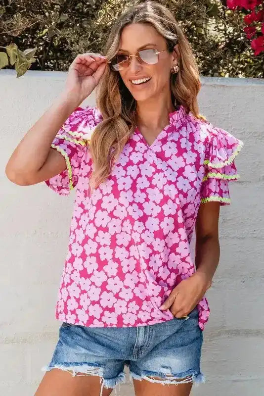 Pink Floral Layered Ruffle Sleeve Blouse Women UK — front view showing vibrant pink floral print and tiered ruffle sleeves — Fashionfitz