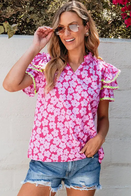 Pink chic blouse - floral layered ruffle sleeve - blouses