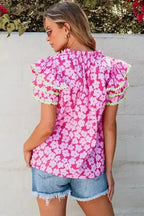 Pink Chic Blouse - Floral Layered Ruffle Sleeve - Fashionfitz