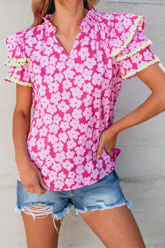 Pink chic blouse - floral layered ruffle sleeve - blouses