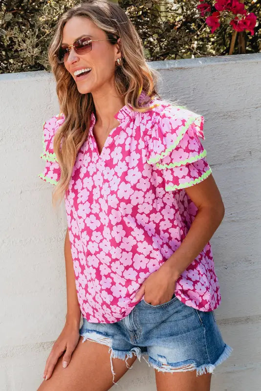 Pink chic blouse - floral layered ruffle sleeve - blouses