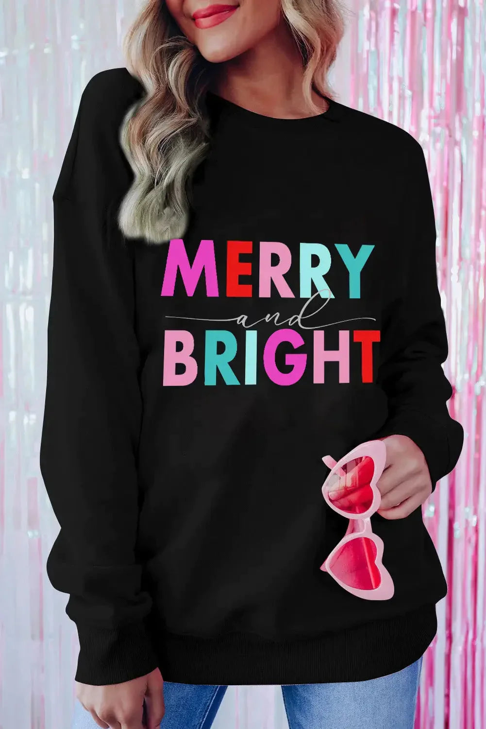 Pink christmas jolly letter print pullover sweatshirt - black1 / 2xl 70% polyester + 30% cotton graphic