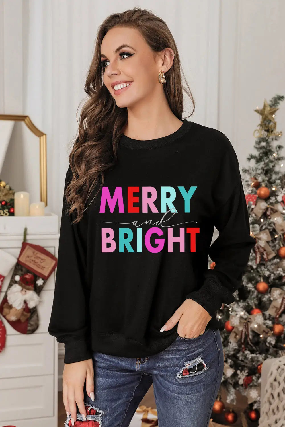 Pink christmas jolly letter print pullover sweatshirt - graphic