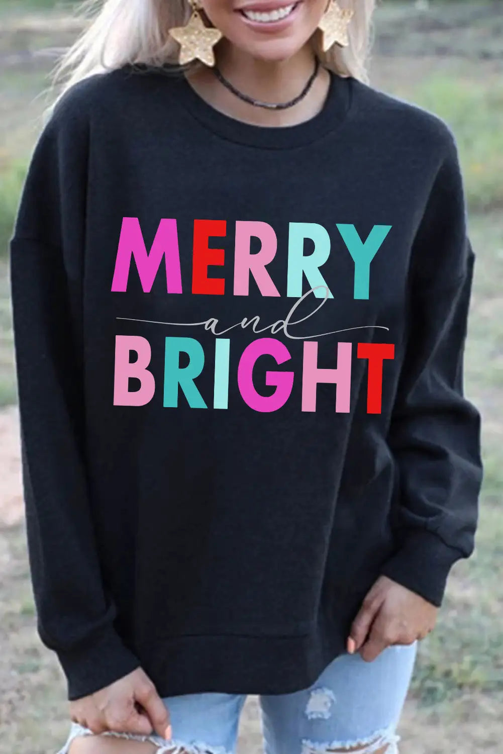Pink christmas jolly letter print pullover sweatshirt - graphic